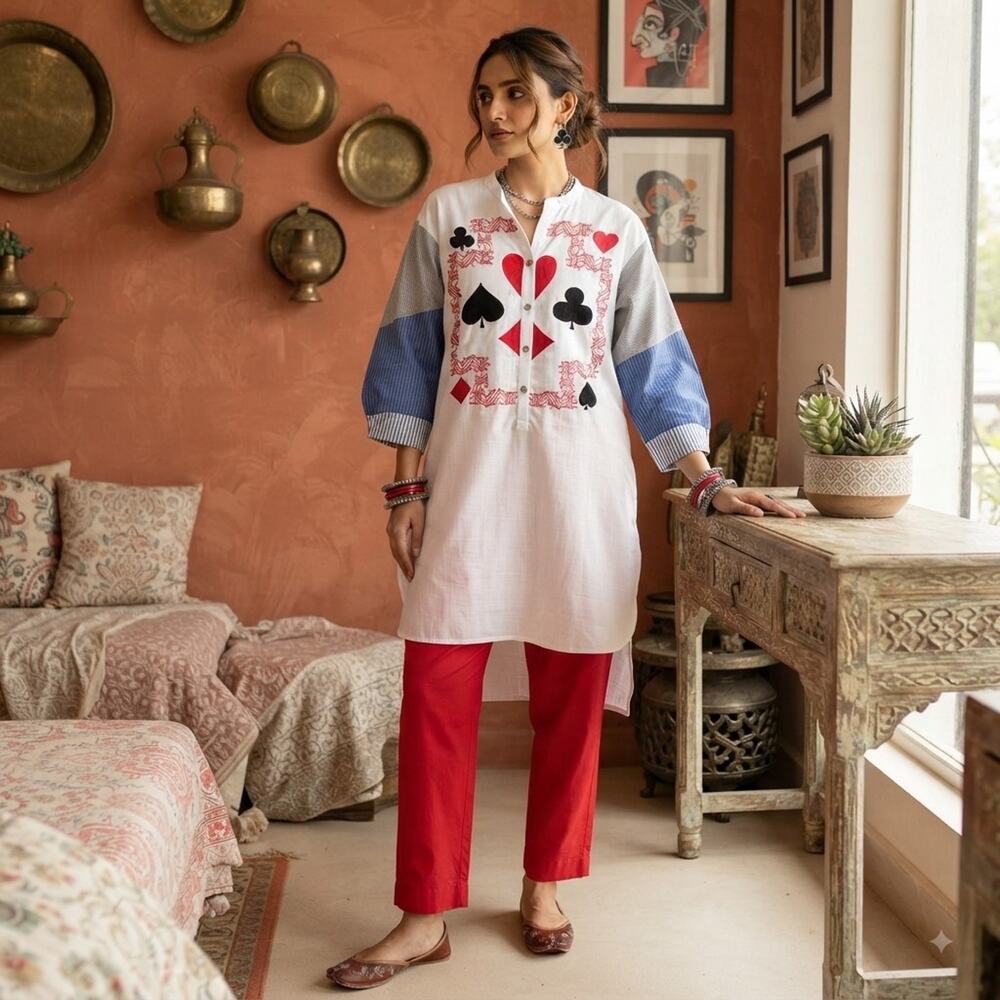 Indo-Western Playing Card Embroidered Tunic & Red Pants Set - High Low Sz Medium